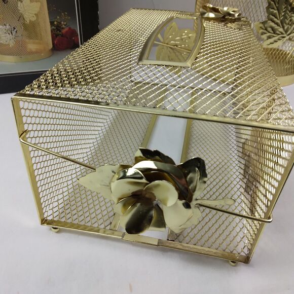 Brass Filigree Tissue Box Holder Cover Roses Garbage Can Vintage MCM - Picture 3 of 11